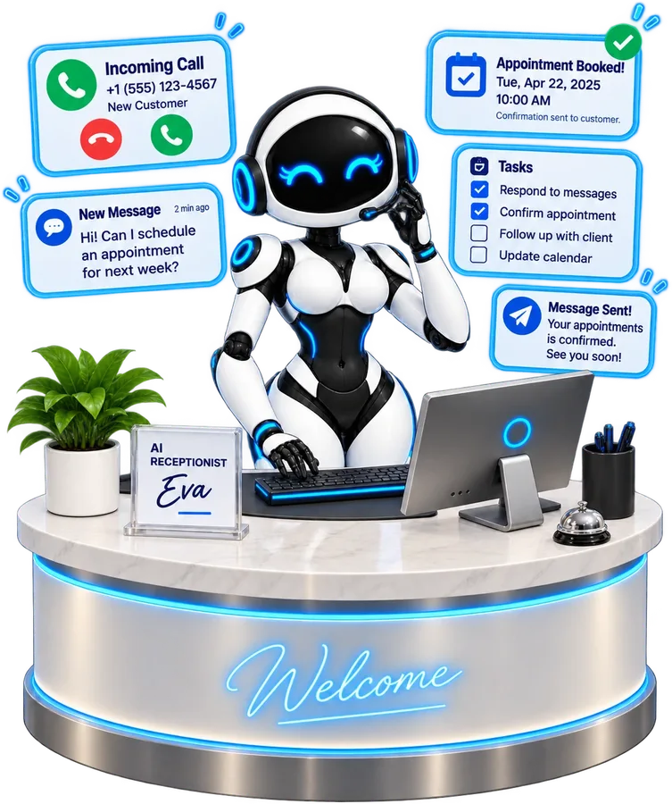 Eva, the KillSaaS AI receptionist, at a front desk taking a call, with an incoming call, a new message, a booked appointment, a task list and a sent confirmation around her.